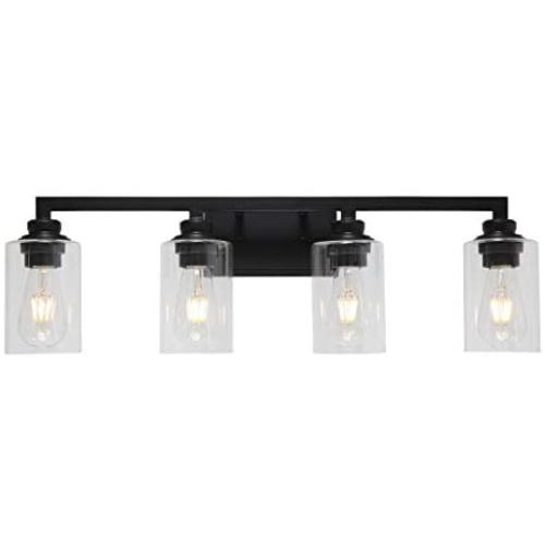 VINLUZ Industrial Black Vanity Light 4 Lights with Clear Glass Shade Farmhouse Bathroom Light Fixtures Metal Wall Lighting Sconces for Hallway Bedroom Living Room VINLUZ Industrial Black Vanity Light 4 Lights with Clear Glass Shade Farmhouse Bathroom Light Fixtures Metal Wall Lighting Sconces for Hallway Bedroom Living Room