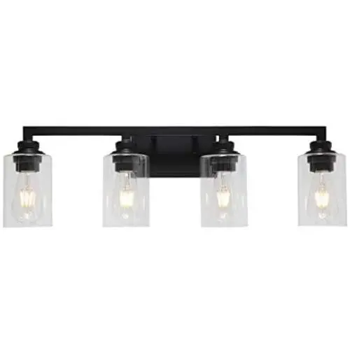 VINLUZ Industrial Black Vanity Light 4 Lights with Clear Glass Shade Farmhouse Bathroom Light Fixtures Metal Wall Lighting Sconces for Hallway Bedroom Living Room