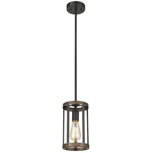 Eapudun Farmhouse Pendant Light, 1-Light Metal Wire Cage Hanging Lantern, Matte Black and Wood Finish, PDA1141-FBDT