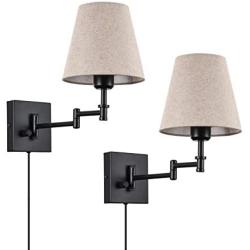 Wall Sconce Sets of 2 Wall Lamps with Plug in Cord Swing Arm Wall Lights Fabric Shade Wall Mount Sconce Fixtures for Bedroom Living Room 2-Pack, Bulb is not Included(Beige Shade)