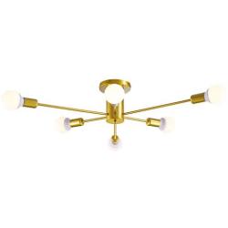Modern Gold Sputnik Chandelier 6-Light Flush Mount Ceiling Light, Mid Century Pendant Lamp Lighting Fixture for Dining Room Living Room Bedroom Kitchen Cafe Bar