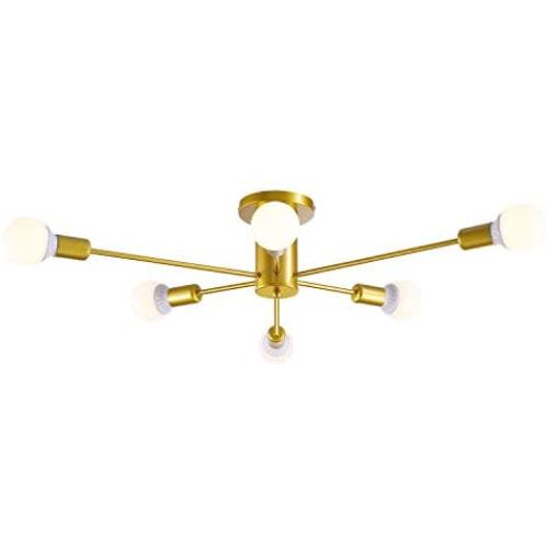 Modern Gold Sputnik Chandelier 6-Light Flush Mount Ceiling Light, Mid Century Pendant Lamp Lighting Fixture for Dining Room Living Room Bedroom Kitchen Cafe Bar