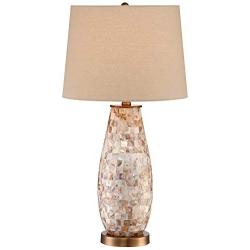 Kylie Cottage Table Lamp Mother of Pearl Tile Vase Beige Drum Shade for Living Room Family Bedroom Bedside Nightstand - Regency Hill