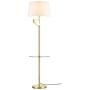 Light Society Lisona Tray Table Floor Lamp, Glass Shelf, Linen Shade with Brass Finish, Mid Century Modern Floor Lamp, Brass/White