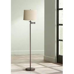 Modern Swing Arm Floor Lamp Bronze Natural Linen Drum Shade for Living Room Reading Bedroom Office - 360 Lighting