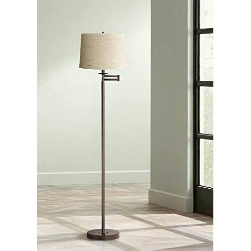 Modern Swing Arm Floor Lamp Bronze Natural Linen Drum Shade for Living Room Reading Bedroom Office - 360 Lighting