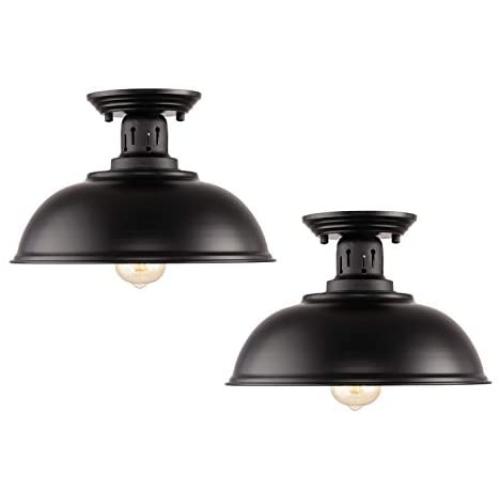 HMVPL Industrial Close to Ceiling Lamp, Metal Black Semi Flush Mounted Pendant Lighting Fixture Farmhouse Edison Light for Kitchen Island Dining Room Foyer Hallway Entryway (Set of 2)