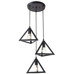 Rustic Black Metal Cage Shade Dining Room Industrial Pendant Light Triangle Chandelier with 3 E26 Bulb Sockets 60W Painted Finish Metal Fixture Geometric for Kitchen Living Room Bedroom Hallway Bar