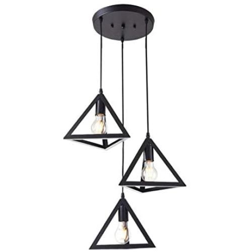 Rustic Black Metal Cage Shade Dining Room Industrial Pendant Light Triangle Chandelier with 3 E26 Bulb Sockets 60W Painted Finish Metal Fixture Geometric for Kitchen Living Room Bedroom Hallway Bar