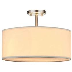 LED White Fabric Drum Shade semi Flush Mount Ceiling Light PS Diffuser with Brushed Nickel Finish, Chandeliers Shade with 18'' 3 Light
