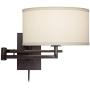 Aluno Modern Swing Arm Wall Lamp Bronze Plug-in Light Fixture Ivory Cotton Blend Drum Shade for Bedroom Bedside Living Room Reading - Possini Euro Design