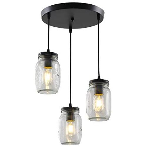 3-Light Mason Jar Chandelier Lighting Fixtures Farmhouse Glass Pendant Light, Black Semi Flush Mount Ceiling Hanging Light Adjustable Chandelier for Kitchen Island Dining Room Hallway