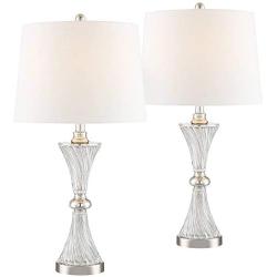 Lucas Modern Table Lamps Set of 2 with USB Charging Port Chrome and Glass Drum Shade for Living Room Family Bedroom Bedside - Regency Hill
