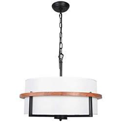 Vinsniv Modern Drum Chandelier Pendant Light for Bedroom, Dining Room, Foyer, Kitchen, Stairway, 18'' White Fabric Shade, Solid Wood Black Finish, Adjustable Height, UL-Certified 4-Light E26 001