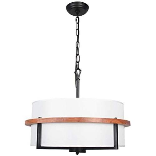 Vinsniv Modern Drum Chandelier Pendant Light for Bedroom, Dining Room, Foyer, Kitchen, Stairway, 18'' White Fabric Shade, Solid Wood Black Finish, Adjustable Height, UL-Certified 4-Light E26 001