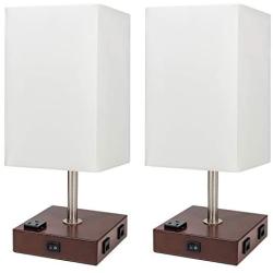 DEEPLITE Lamps for Bedrooms Set of 2, Bedside Lamp with USB Ports and AC outlet, Modern Table Lamp for Nightstand, End/ Side Table, Dresser, Office Desk, Wood Rustic Lamp for Living Room, Dorm Reading