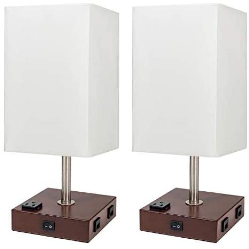 DEEPLITE Lamps for Bedrooms Set of 2, Bedside Lamp with USB Ports and AC outlet, Modern Table Lamp for Nightstand, End/ Side Table, Dresser, Office Desk, Wood Rustic Lamp for Living Room, Dorm Reading