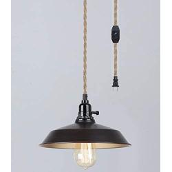 HLJOY Lighting, 1-Light, Oil Rubbed Bronze Industrial Ceiling Hemp Rope Barn Pendant Light with Light-Adjustable Switch Plug in for Kitchen Island,Dining Room