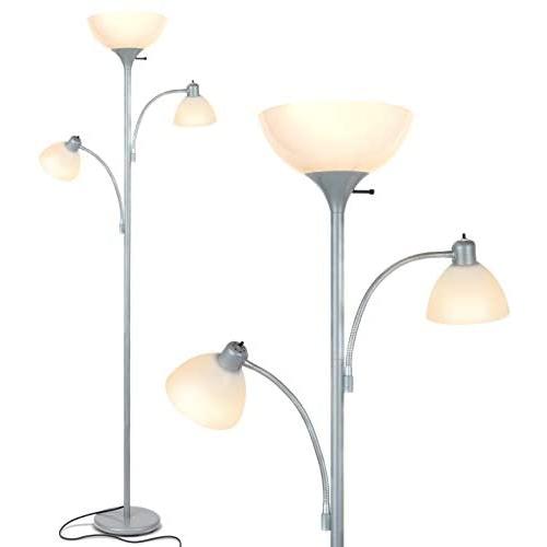 Brightech Sky Dome Double – High Brightness Torchiere Floor Lamp with 2 Reading Lights for Living Rooms, Bedrooms – Replace Halogen Standing Lamps with Efficient LED Office Lighting - Tall Silver Pole