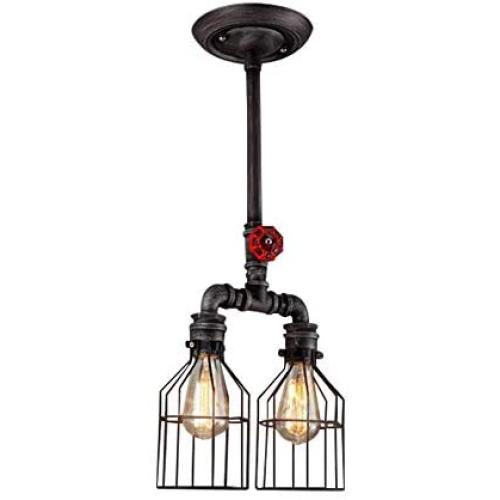 Industrial Vintage Brushed Iron Cage Ceiling Lamp Chandelier - LITFAD Edison Ceiling Light Island Light Double LED Hanging Lantern with Red Valve Water Pipe Pendant Light with 2 Lights