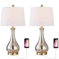 Maxax Table Lamps Set of 2 with USB Charging Port Gold Mercury Glass Bedside Nightstand Lamp White Drum Shade for Living Room Family