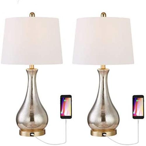 Maxax Table Lamps Set of 2 with USB Charging Port Gold Mercury Glass Bedside Nightstand Lamp White Drum Shade for Living Room Family