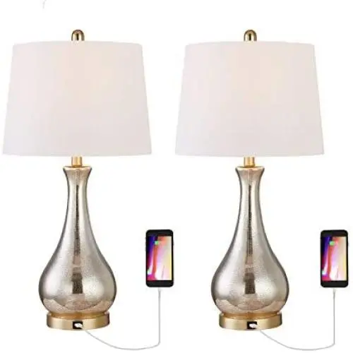 Maxax Table Lamps Set of 2 with USB Charging Port Gold Mercury Glass Bedside Nightstand Lamp White Drum Shade for Living Room Family