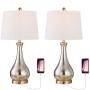 Maxax Table Lamps Set of 2 with USB Charging Port Gold Mercury Glass Bedside Nightstand Lamp White Drum Shade for Living Room Family