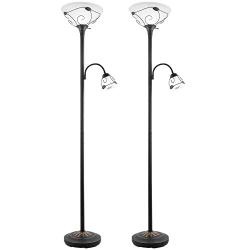 CO-Z 2 Lamp Sets Torchiere Floor Lamp with Side Reading Light, 3-Way Switch Combo Antique Bronze Mother Daughter Floor Lamp with Glass Shade, 71'' Desk Floor Lamp for Living Room Corner