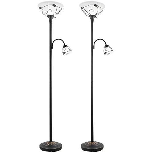 CO-Z 2 Lamp Sets Torchiere Floor Lamp with Side Reading Light, 3-Way Switch Combo Antique Bronze Mother Daughter Floor Lamp with Glass Shade, 71'' Desk Floor Lamp for Living Room Corner