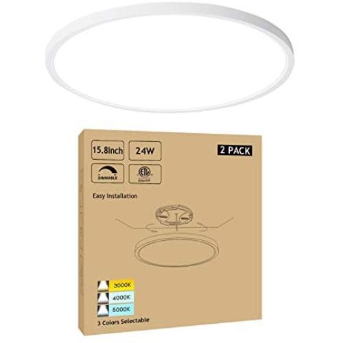 15.8 Inch Dimmable LED Flush Mount Ceiling Light 24W 3000K-4000K-5000K Selectable - Super Bright Mordern Slim Large Surface Mount LED Ceiling Light Round for Kitchen Bedroom Dining Room - 2 Pack