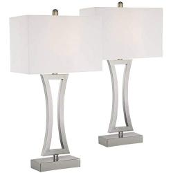 Roxie Modern Table Lamps Set of 2 Brushed Steel Off White Rectangular Shade for Living Room Family Bedroom Bedside Office - 360 Lighting