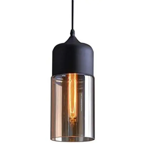 NAANN Black Pendant Lamp, Modern Mini Pendant Light, Smoked Glass Cylinder Shade Retro Industrial Hanging Lighting Fixture for Kitchen Island Dining Room Shop E26 Base