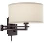 Aluno Modern Swing Arm Wall Lamp Bronze Plug-in Light Fixture Ivory Cotton Blend Drum Shade for Bedroom Bedside Living Room Reading - Possini Euro Design