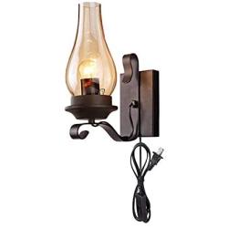 KWOKING Lighting Vintage Industrial Wall Sconce Vintage Plug in Candle Sconce Wall Lighting with Cognac Glass Shade Oil Lamp for Corridor Fireplace Dining Room