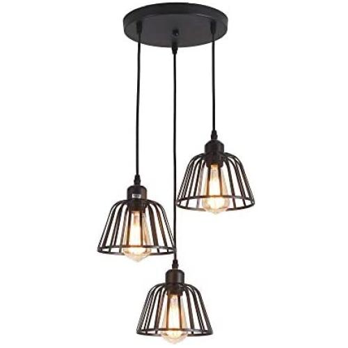 Rustic Industrial Pendant Light,3 Lights Industrial Ceiling Hanging Light Fixture Chandelier E26 for Kitchen Island Bedroom Living Dining Room,Black