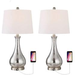 Maxax Table Lamps Set of 2 with USB Charging Port Mercury Glass White Drum Shade for Living Room Family
