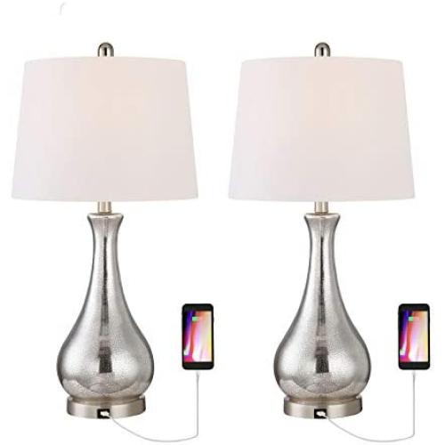 Maxax Table Lamps Set of 2 with USB Charging Port Mercury Glass White Drum Shade for Living Room Family