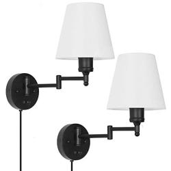 HAITRAL Adjustable Swing Arm Wall Sconces 2 Pack - Bedroom Wall Lamps with White Shade& Black Metal, Plug in& Hardwire Modern Wall Lamps for Bedside, Farmhouse, Kitchen, Bedroom(Bulb is Not Included)