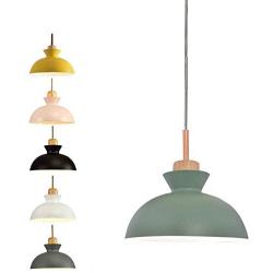 SkyTalent Modern Wooden Handle Pendant Hanging Light, Macaron Pendant Lighting Metal Shade Chandeliers Hanging Lighting Retro Industrial lamp for Dining Room Bulbs Not Included (Green)