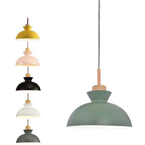 SkyTalent Modern Wooden Handle Pendant Hanging Light, Macaron Pendant Lighting Metal Shade Chandeliers Hanging Lighting Retro Industrial lamp for Dining Room Bulbs Not Included (Green)