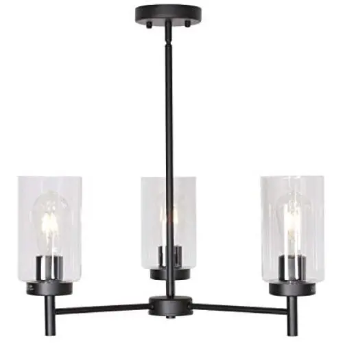 VINLUZ Farmhouse Chandeliers Black 3 Lights with Clear Glass Shades Modern Industrial Pendant Light Dining Room Lighting Fixtures Hanging Adjustable Wire Semi Flush Ceiling Lights