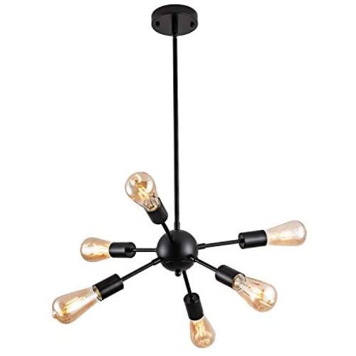 Matte Black Vintage Sputnik Chandelier 6 Lights Kitchen Modern Pendant Lighting Mid Century Industrial Ceiling Light Fixture for Dining Room Bedroom Hallway Farmhouse Coffee Shop Bar