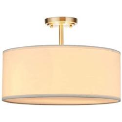 LED White Fabric Drum Shade semi Flush Mount Ceiling Light PS Diffuser with Brushed Bronze Finish, Chandeliers Shade with 18'' 3 Light
