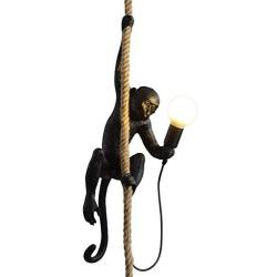 IJ INJUICY Monkey Pendant Light, Resin Hanging Lamp, Hemp Rope Ceiling Light Fitting for Kitchen, Bedroom, Living Dining Room, Corridor, Restaurant, Bar (Black)