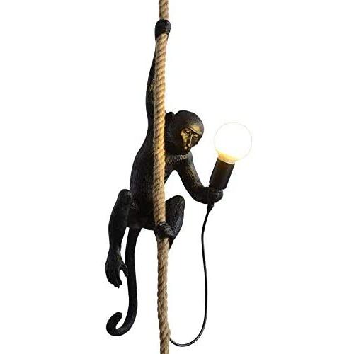 IJ INJUICY Monkey Pendant Light, Resin Hanging Lamp, Hemp Rope Ceiling Light Fitting for Kitchen, Bedroom, Living Dining Room, Corridor, Restaurant, Bar (Black)