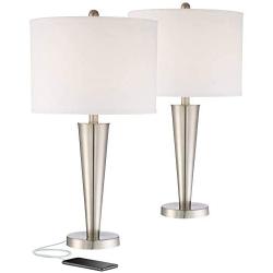 Geoff Modern Table Lamps Set of 2 with Hotel Style USB Charging Port Brushed Steel White Drum Shade for Living Room Family Bedroom - 360 Lighting