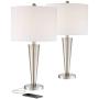 Geoff Modern Table Lamps Set of 2 with Hotel Style USB Charging Port Brushed Steel White Drum Shade for Living Room Family Bedroom - 360 Lighting