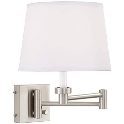 Vero Modern Swing Arm Wall Lamp with USB Charging Port Brushed Nickel Plug-in Light Fixture White Drum Shade for Bedroom Bedside Living Room Reading - 360 Lighting