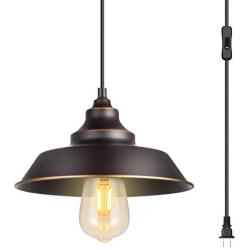 Indoor Pendant Lamp, Retro Black Finish with manually Golden Highlights,1-Light Ceiling Pendant Light,Hanging Light Fixture,Plug in Cord with On/Off Switch